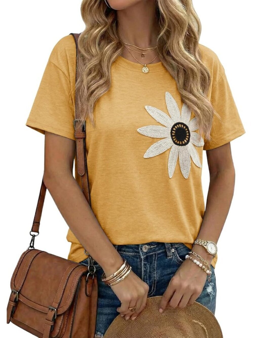 Women's Ginger Crew-neck Short Sleeve Flower Embroidery Drop Shoulder Top